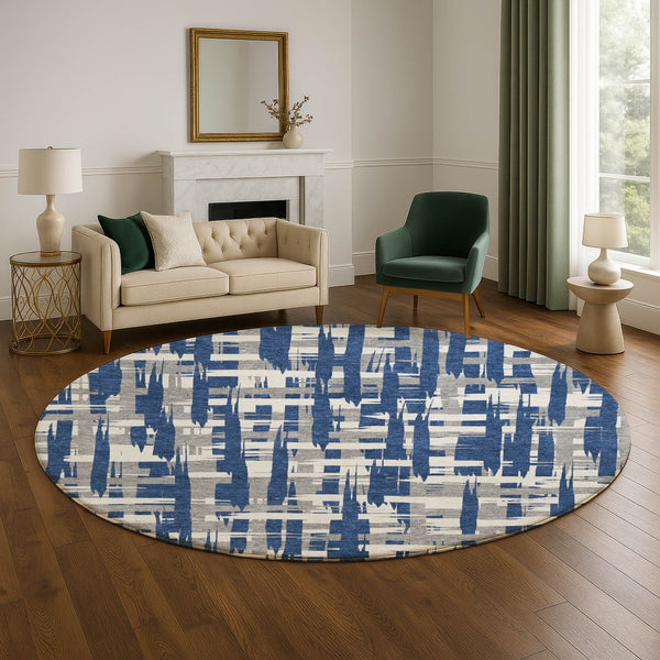 HomeRoots 8' Navy Blue and Ivory Striped Round Rug - Washable, UV-Protected, Durable, and Stylish for Any Room 705698