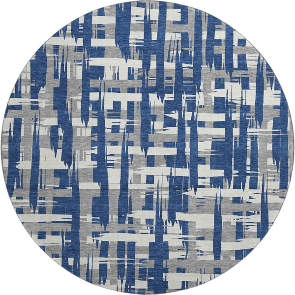 HomeRoots 8' Navy Blue and Ivory Striped Round Rug - Washable, UV-Protected, Durable, and Stylish for Any Room 705698