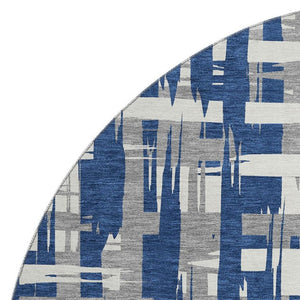 HomeRoots 8' Navy Blue and Ivory Striped Round Rug - Washable, UV-Protected, Durable, and Stylish for Any Room 705698