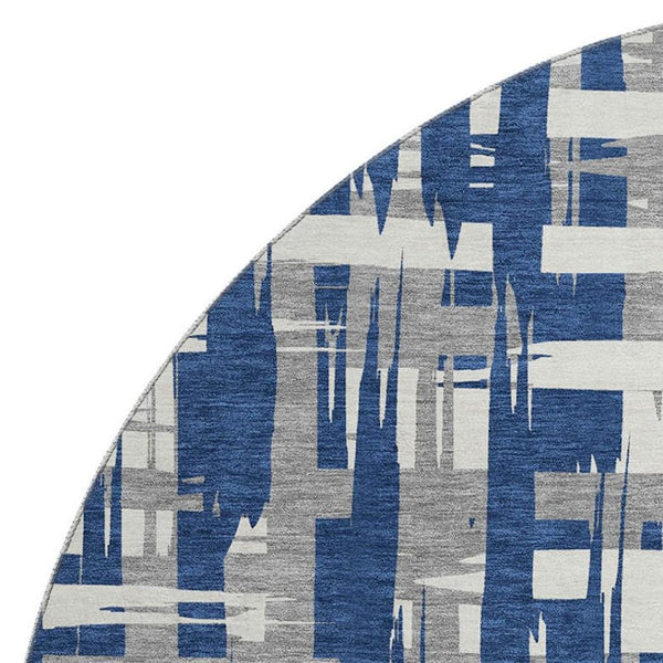 HomeRoots 8' Navy Blue and Ivory Striped Round Rug - Washable, UV-Protected, Durable, and Stylish for Any Room 705698