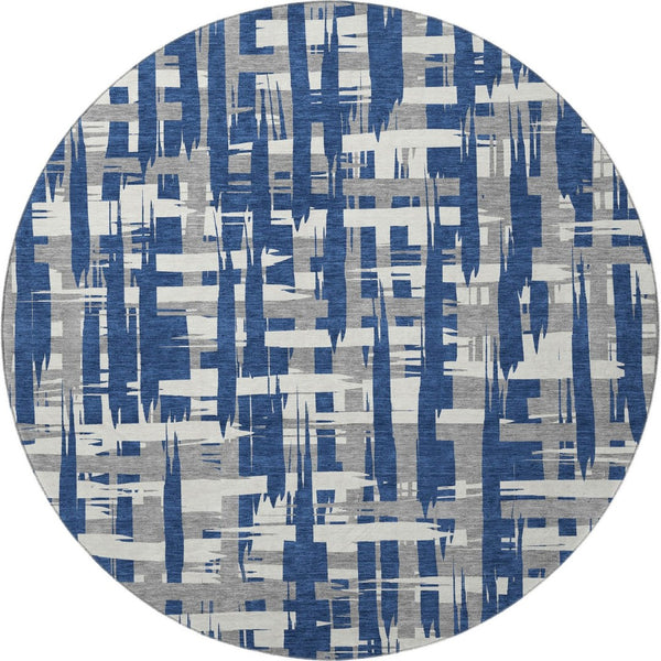 HomeRoots 8' Navy Blue and Ivory Striped Round Rug - Washable, UV-Protected, Durable, and Stylish for Any Room 705698