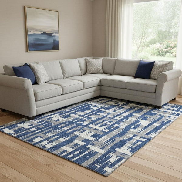 HomeRoots 8' X 10' Navy Blue & Ivory Striped Washable Area Rug - Durable, UV-Protected, Perfect for Homes! 705699