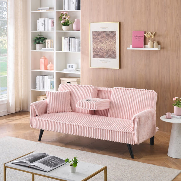 English Elm Minimalist Corduroy Reclining Sofa with Convertible Flat Sleeper and Cup Holder Pink W3356P421779