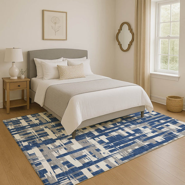 HomeRoots 9' X 12' Striped Navy Blue & Ivory Washable Area Rug with UV Protection for High-Traffic Spaces 705700