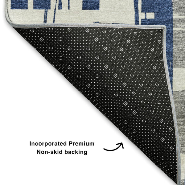 HomeRoots 9' X 12' Striped Navy Blue & Ivory Washable Area Rug with UV Protection for High-Traffic Spaces 705700
