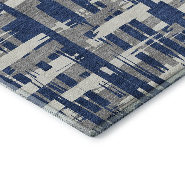 HomeRoots 9' X 12' Striped Navy Blue & Ivory Washable Area Rug with UV Protection for High-Traffic Spaces 705700