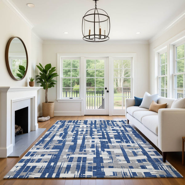 HomeRoots 9' X 12' Striped Navy Blue & Ivory Washable Area Rug with UV Protection for High-Traffic Spaces 705700