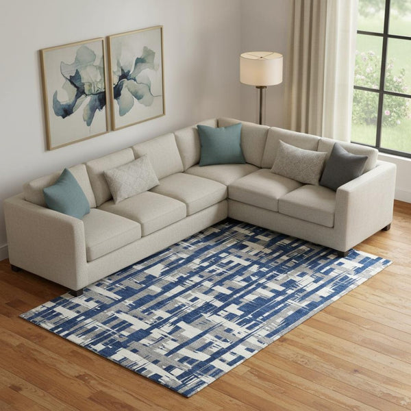 HomeRoots 10' X 14' Navy Blue & Ivory Striped Area Rug – Washable, UV-Protected, Stylish & Durable for All Spaces 705701