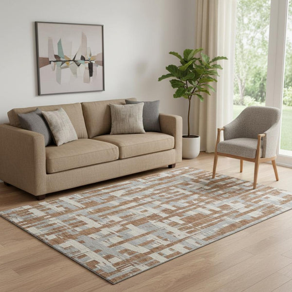 HomeRoots 5' X 8' Washable Rust and Ivory Striped Area Rug - Durable, UV Protected, Pet-Friendly Design 705703