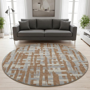 HomeRoots 8' Elegant Rust and Ivory Striped Round Rug - Washable, UV-Protected, Durable for High-Traffic Areas 705704
