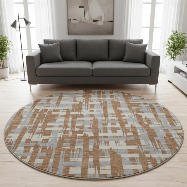 HomeRoots 8' Elegant Rust and Ivory Striped Round Rug - Washable, UV-Protected, Durable for High-Traffic Areas 705704