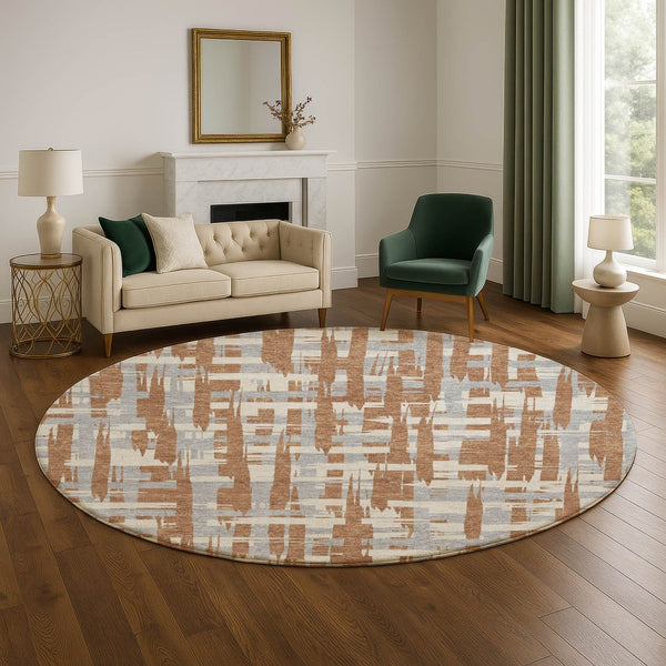 HomeRoots 8' Elegant Rust and Ivory Striped Round Rug - Washable, UV-Protected, Durable for High-Traffic Areas 705704