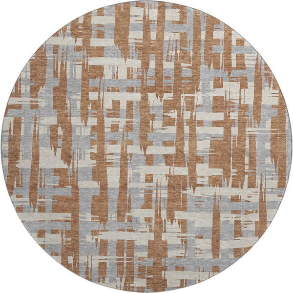 HomeRoots 8' Elegant Rust and Ivory Striped Round Rug - Washable, UV-Protected, Durable for High-Traffic Areas 705704