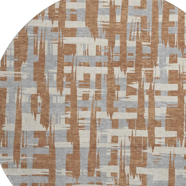 HomeRoots 8' Elegant Rust and Ivory Striped Round Rug - Washable, UV-Protected, Durable for High-Traffic Areas 705704