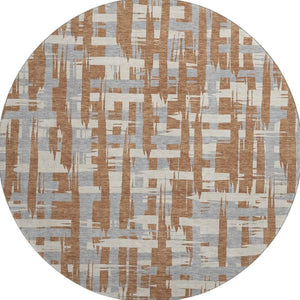 HomeRoots 8' Elegant Rust and Ivory Striped Round Rug - Washable, UV-Protected, Durable for High-Traffic Areas 705704