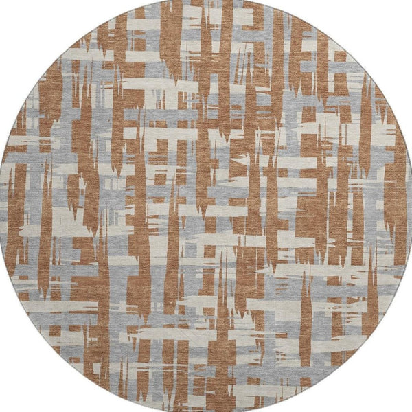 HomeRoots 8' Elegant Rust and Ivory Striped Round Rug - Washable, UV-Protected, Durable for High-Traffic Areas 705704
