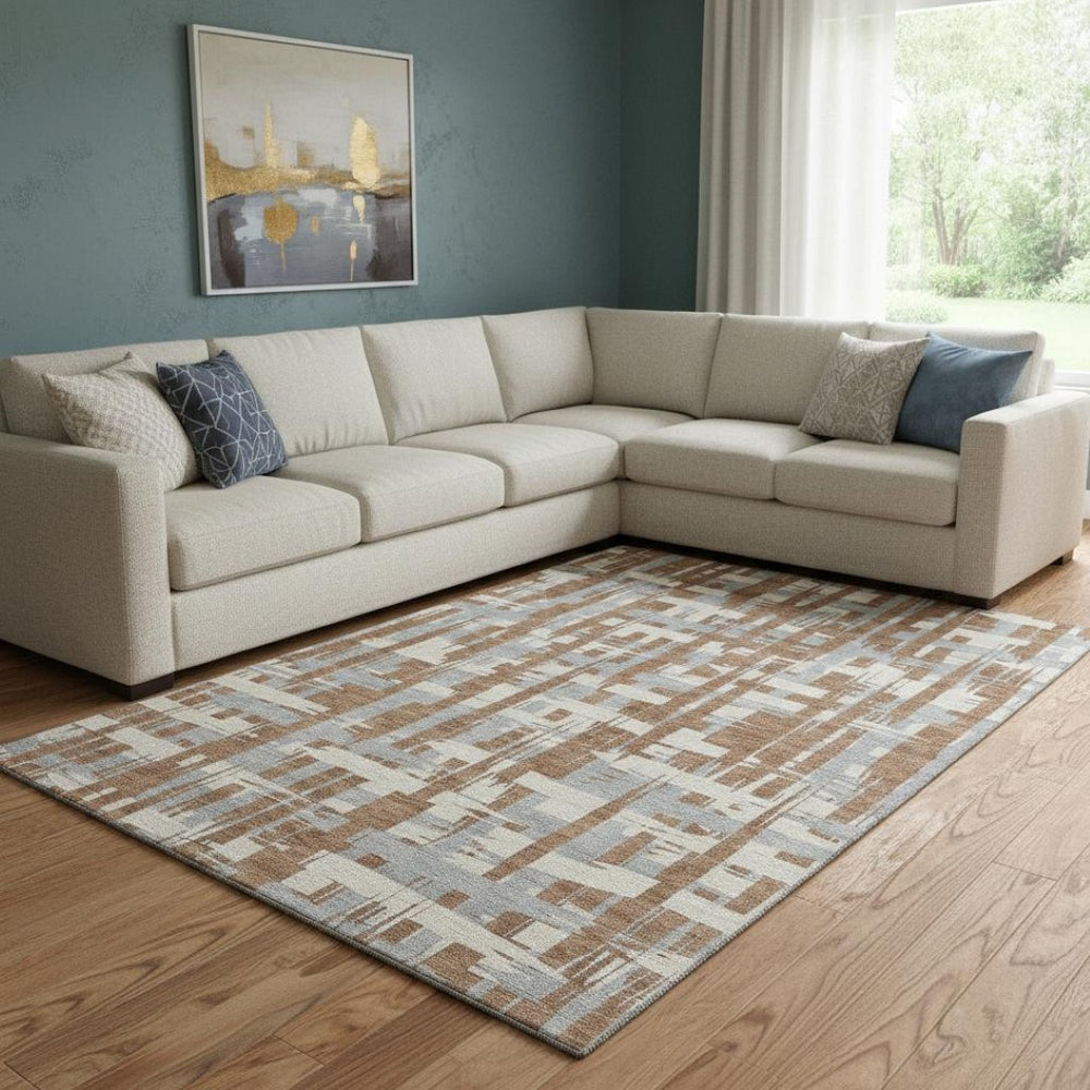 HomeRoots 8' X 10' Washable Rust and Ivory Striped Area Rug with UV Protection for Stylish, Durable Living Spaces 705705