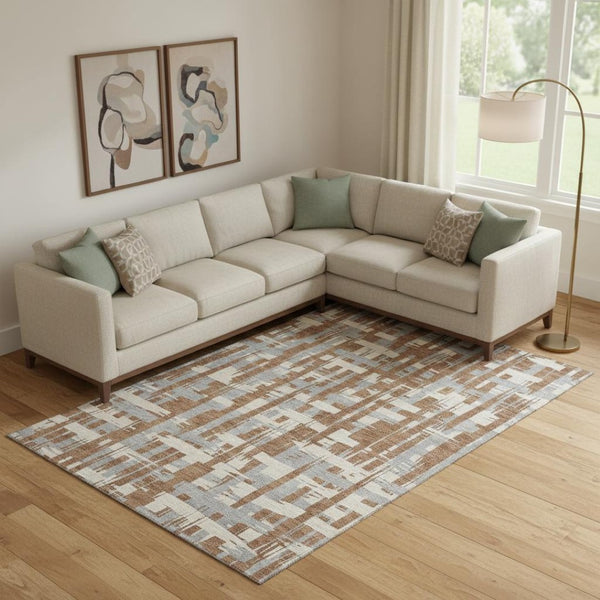 HomeRoots 10' X 14' Washable Rust and Ivory Striped Area Rug – Stain Resistant, UV Protected, Non-Slip Backing 705707