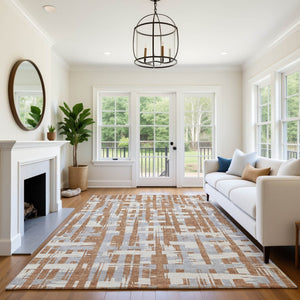 HomeRoots 10' X 14' Washable Rust and Ivory Striped Area Rug – Stain Resistant, UV Protected, Non-Slip Backing 705707