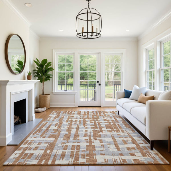 HomeRoots 10' X 14' Washable Rust and Ivory Striped Area Rug – Stain Resistant, UV Protected, Non-Slip Backing 705707