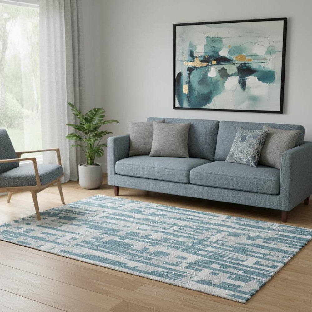 HomeRoots 5' Teal and Ivory Striped Washable Area Rug - Durable, UV-Protected, Easy-Care Design for Homes 705709