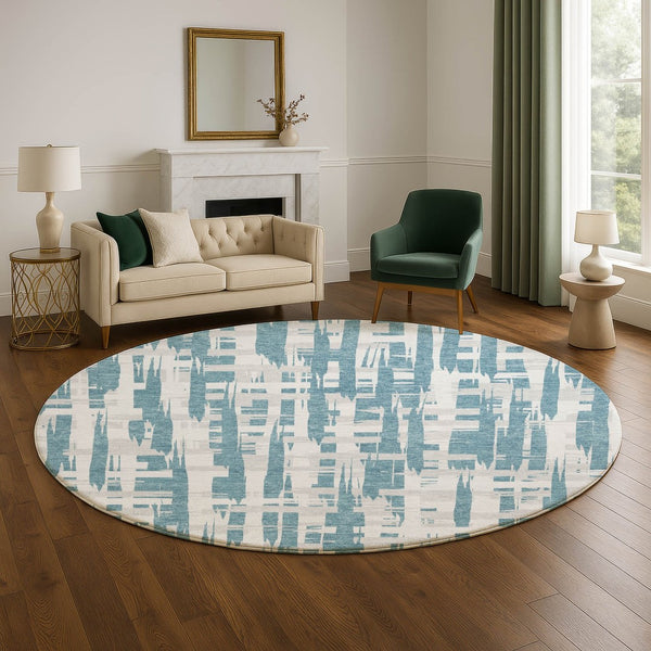 HomeRoots 8' Teal and Ivory Striped Round Rug - Washable, UV Protected, Stain Resistant for High-Traffic Areas 705710
