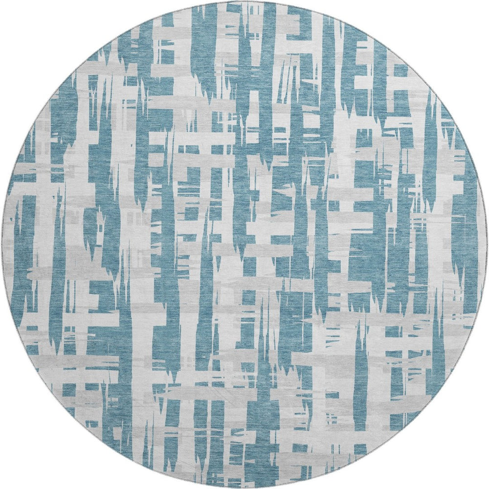 HomeRoots 8' Teal and Ivory Striped Round Rug - Washable, UV Protected, Stain Resistant for High-Traffic Areas 705710