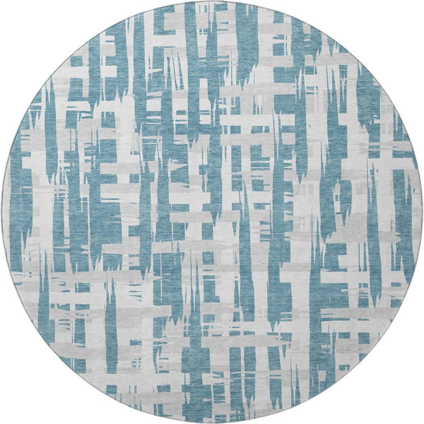 HomeRoots 8' Teal and Ivory Striped Round Rug - Washable, UV Protected, Stain Resistant for High-Traffic Areas 705710