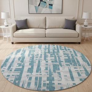 HomeRoots 8' Teal and Ivory Striped Round Rug - Washable, UV Protected, Stain Resistant for High-Traffic Areas 705710
