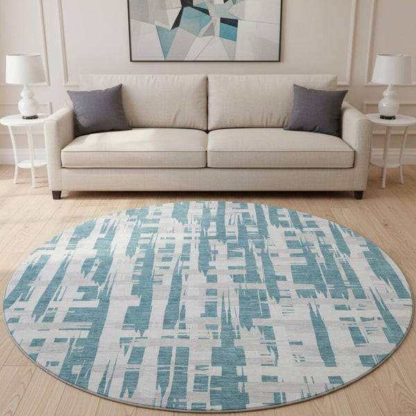 HomeRoots 8' Teal and Ivory Striped Round Rug - Washable, UV Protected, Stain Resistant for High-Traffic Areas 705710