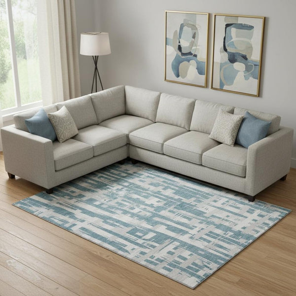 HomeRoots 9' X 12' Coastal-Inspired Teal and Ivory Striped Area Rug - Durable, Washable, UV Protected Design 705712