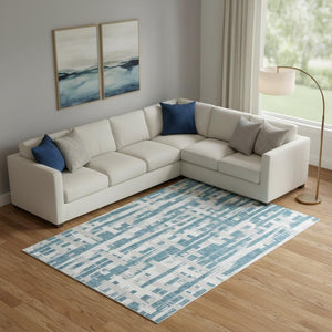 HomeRoots 10' X 14' Teal and Ivory Striped Area Rug – Washable, UV Protected, Durable, and Stylish for Your Home 705713