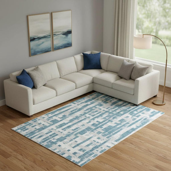 HomeRoots 10' X 14' Teal and Ivory Striped Area Rug – Washable, UV Protected, Durable, and Stylish for Your Home 705713