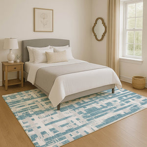 HomeRoots 10' X 14' Teal and Ivory Striped Area Rug – Washable, UV Protected, Durable, and Stylish for Your Home 705713