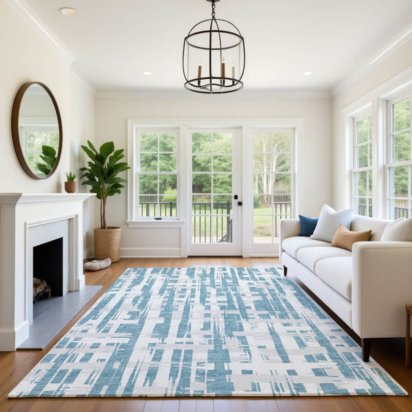 HomeRoots 10' X 14' Teal and Ivory Striped Area Rug – Washable, UV Protected, Durable, and Stylish for Your Home 705713