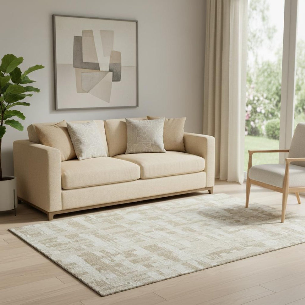 HomeRoots 5' Taupe & Beige Striped Washable Area Rug – Durable, UV-Protected, Stylish for Homes with Kids & Pets 705715