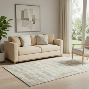 HomeRoots 5' Taupe & Beige Striped Washable Area Rug – Durable, UV-Protected, Stylish for Homes with Kids & Pets 705715