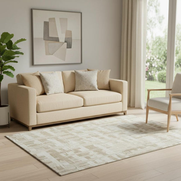 HomeRoots 5' Taupe & Beige Striped Washable Area Rug – Durable, UV-Protected, Stylish for Homes with Kids & Pets 705715
