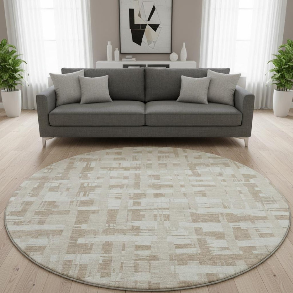 HomeRoots 8' Striped Round Rug in Taupe & Beige - Washable, UV-Protected, Stain-Resistant for Any Space 705716