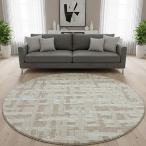 HomeRoots 8' Striped Round Rug in Taupe & Beige - Washable, UV-Protected, Stain-Resistant for Any Space 705716