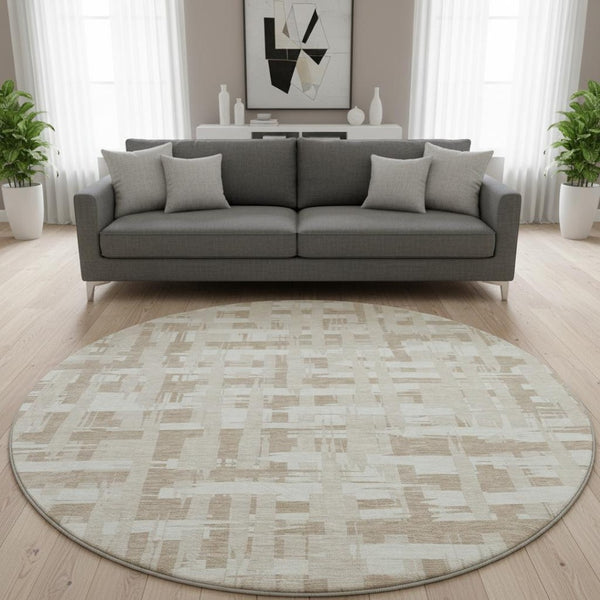 HomeRoots 8' Striped Round Rug in Taupe & Beige - Washable, UV-Protected, Stain-Resistant for Any Space 705716