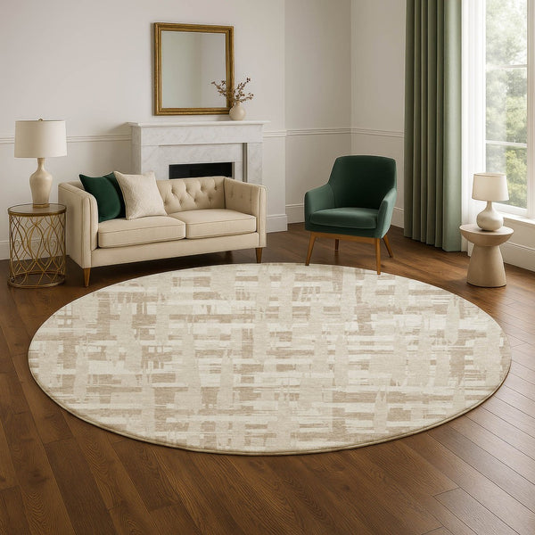 HomeRoots 8' Striped Round Rug in Taupe & Beige - Washable, UV-Protected, Stain-Resistant for Any Space 705716