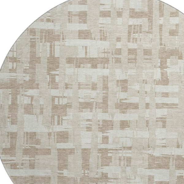 HomeRoots 8' Striped Round Rug in Taupe & Beige - Washable, UV-Protected, Stain-Resistant for Any Space 705716