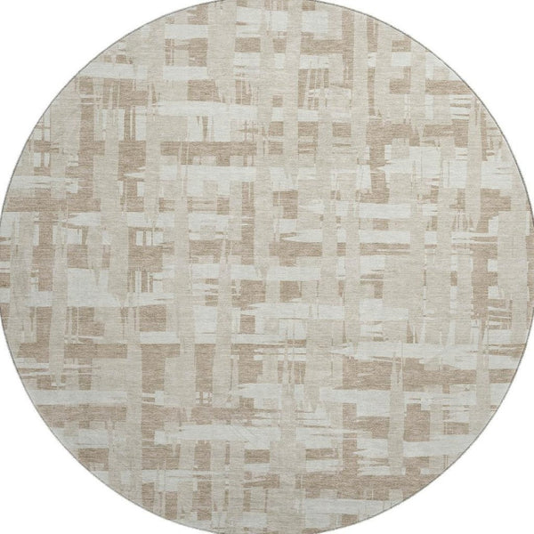 HomeRoots 8' Striped Round Rug in Taupe & Beige - Washable, UV-Protected, Stain-Resistant for Any Space 705716
