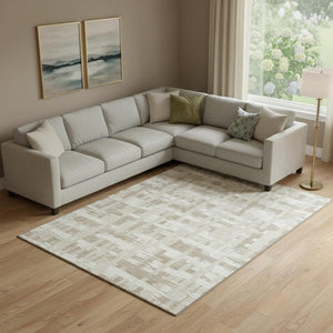 HomeRoots 9' X 12' Striped Taupe and Beige Washable Area Rug with UV Protection for High-Traffic Rooms 705718