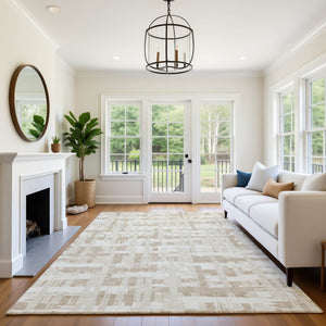 HomeRoots 9' X 12' Striped Taupe and Beige Washable Area Rug with UV Protection for High-Traffic Rooms 705718