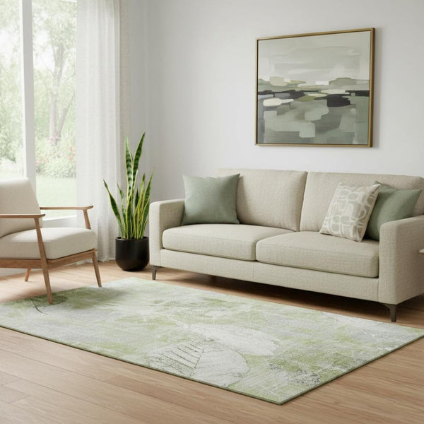 HomeRoots 5' X 8' Floral Washable Area Rug in Artichoke Green & Ivory – Stain-Resistant, UV Protected, Soft! 705721