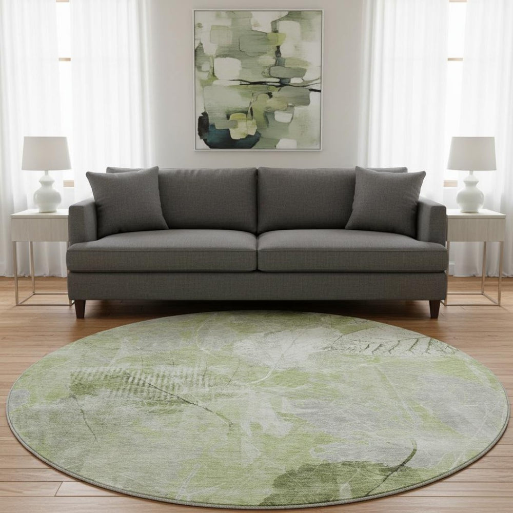 HomeRoots 8' Artichoke Green and Ivory Floral Round Rug - Washable, UV-Protected, Durable & Stylish Decor Piece 705722