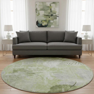 HomeRoots 8' Artichoke Green and Ivory Floral Round Rug - Washable, UV-Protected, Durable & Stylish Decor Piece 705722