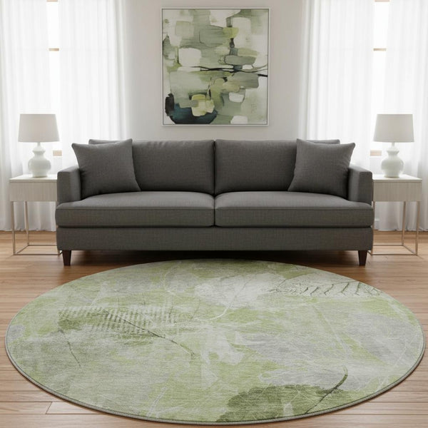 HomeRoots 8' Artichoke Green and Ivory Floral Round Rug - Washable, UV-Protected, Durable & Stylish Decor Piece 705722